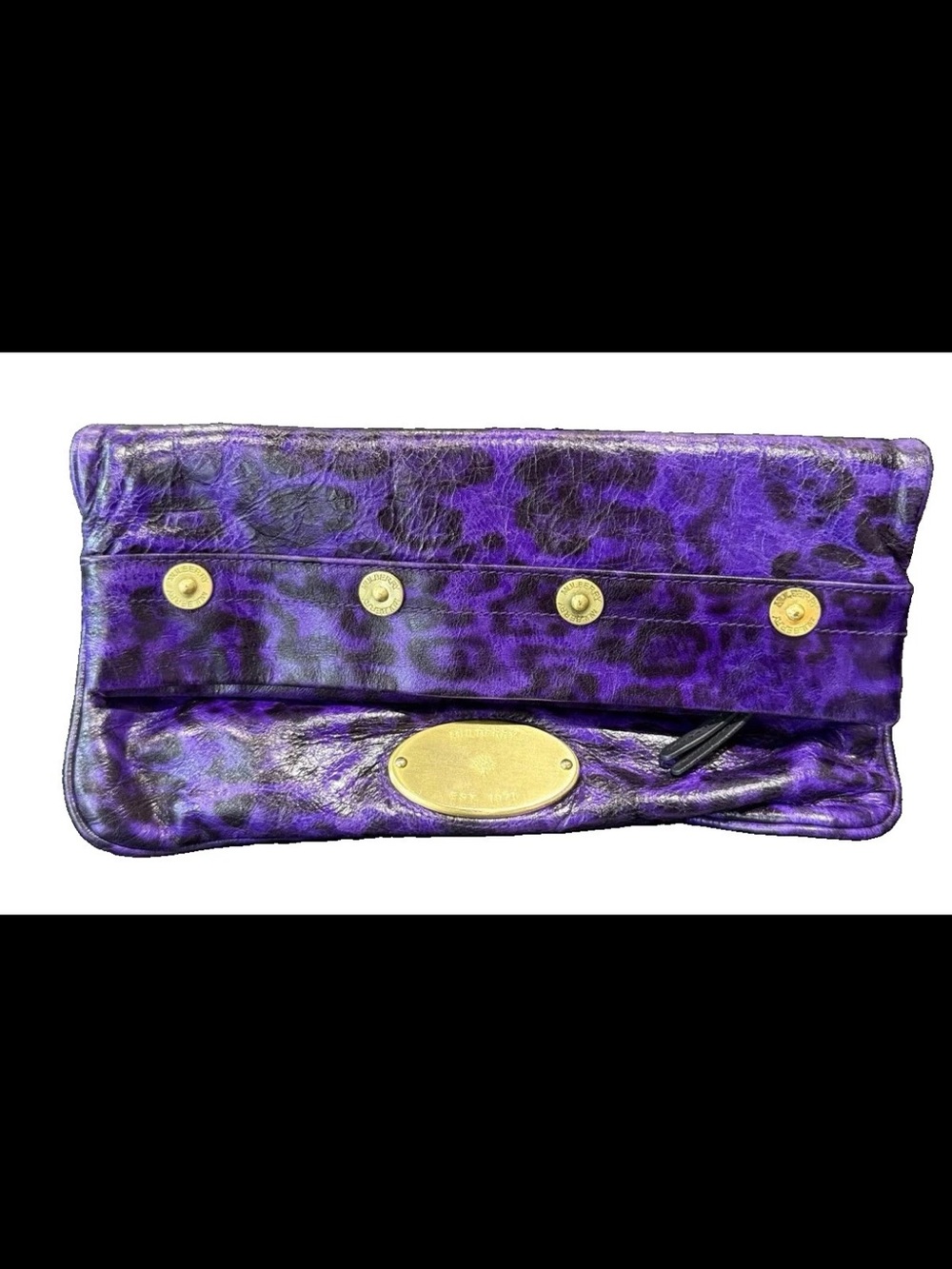 Mulberry Purple Metallic Leopard Fold-Over Clutch with Gold Hardware